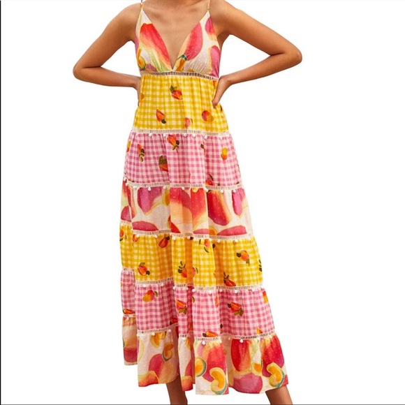 Farm Rio Mixed Picnic Cashew Maxi Women's Mixed Print Tiered Sleeveless - Picture 1 of 4